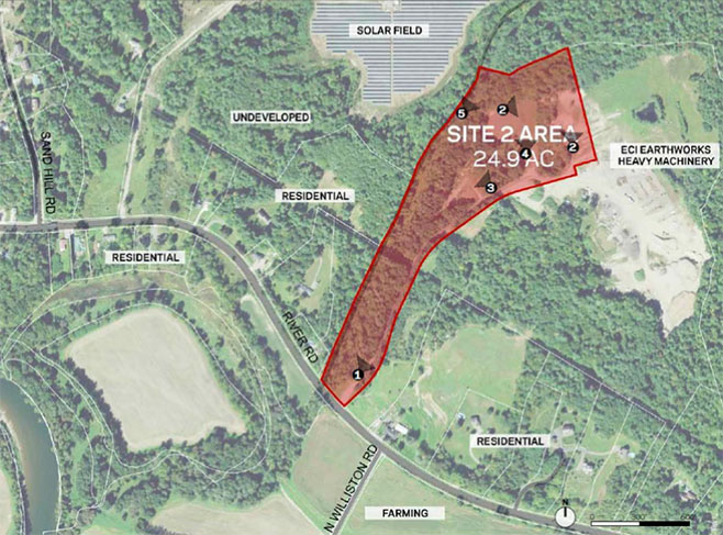 Satelite photo of River Road prison location, with construction site highlighted